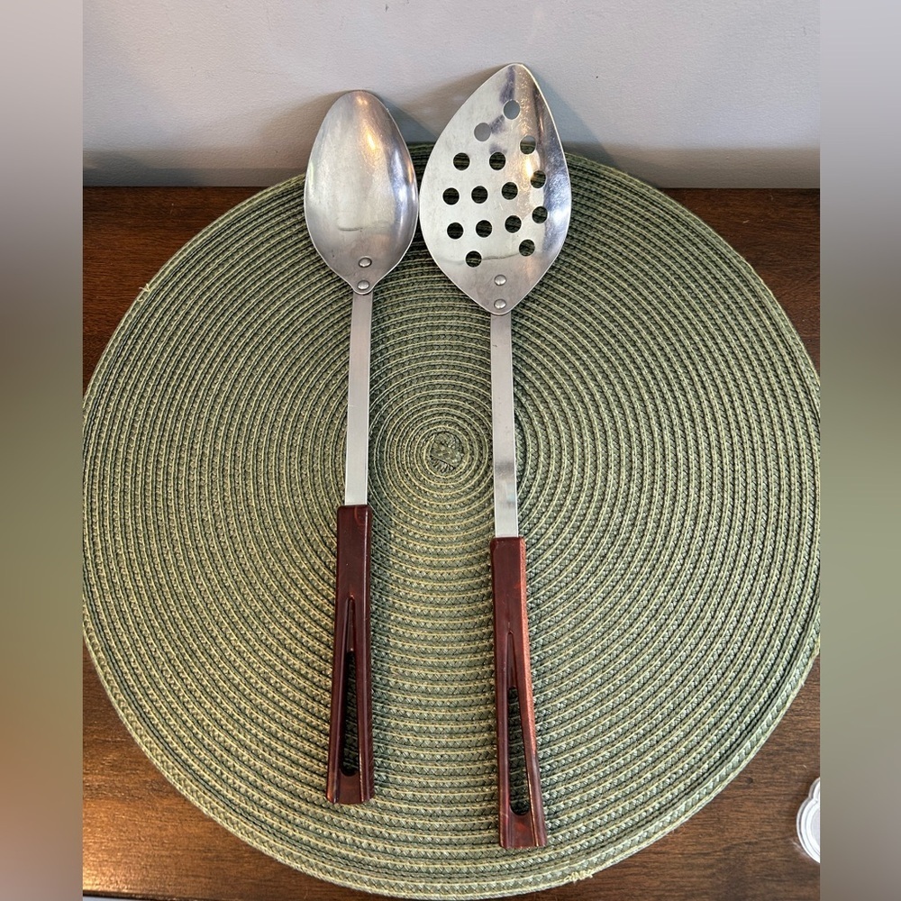 2 Vintage Stanhome Stainless Spoons 1 Slotted Teardrop 1 Regular Brown Handles.